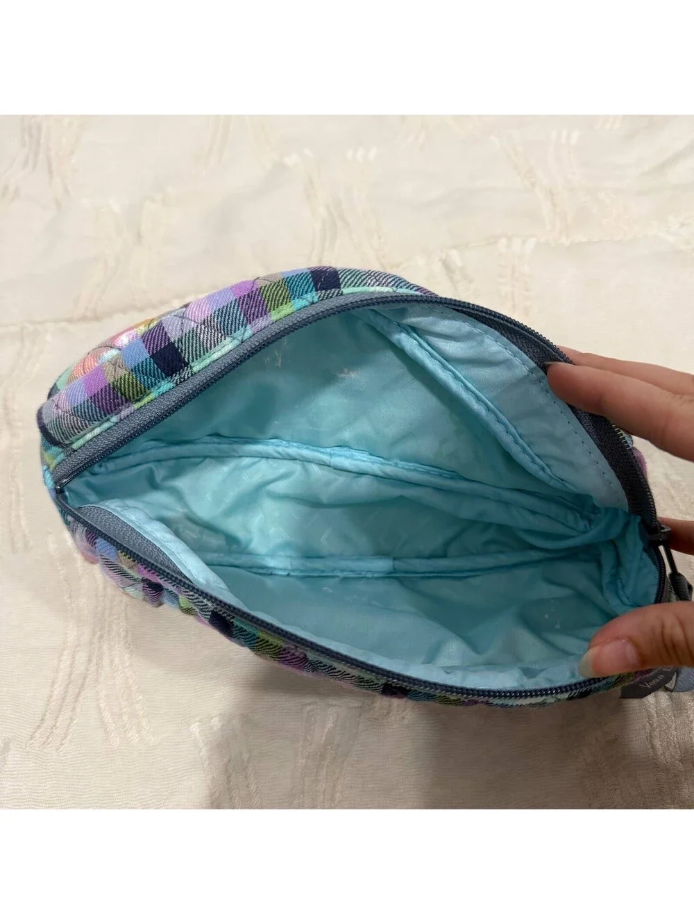 Vera Bradley Quilted Cosmetic Makeup Bag Multicolor Plaid Travel Pouch 9